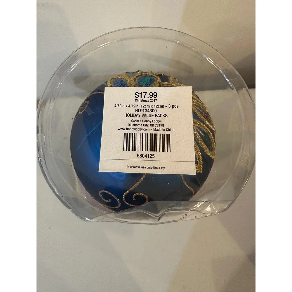 Hobby Lobby Peacock Glitter Christmas Ornaments Blue Magenta Teal Set of 3 4.72